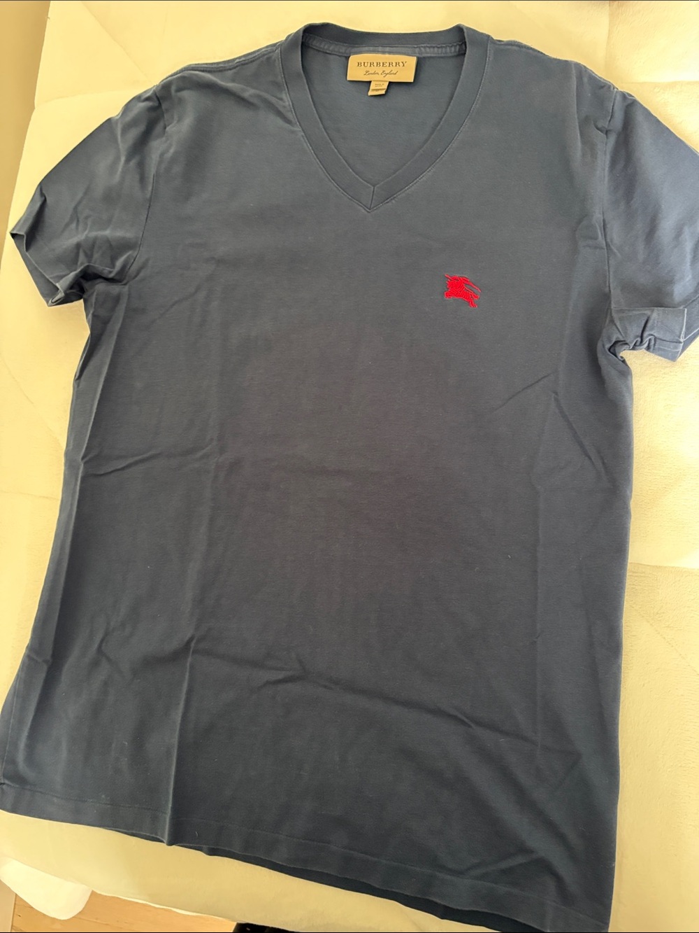 Burberry Navy Short-Sleeve V-Neck Tee with Red Logo
